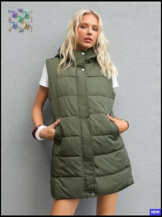 Long Puffer Vest Hooded Sleeveless Zip Up Gilet Quilted Winter Casual Slim Fit - Picture 3 of 7